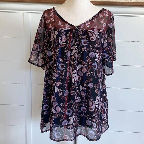 Knox Rose Women's Short Sleeve Floral Paisley Red Blue Top‎ Blouse V-Neck XS - Picture 1 of 12
